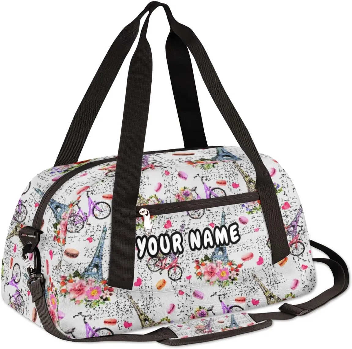 Paris Eiffel Tower Flower Personalized Kids Duffel Bag for Girls, Tower Debris Custom Name Dance Bag Overnight Small Duffel Bag Carry On Weekend Travel Bag for School Practice Gymnastics Ballet