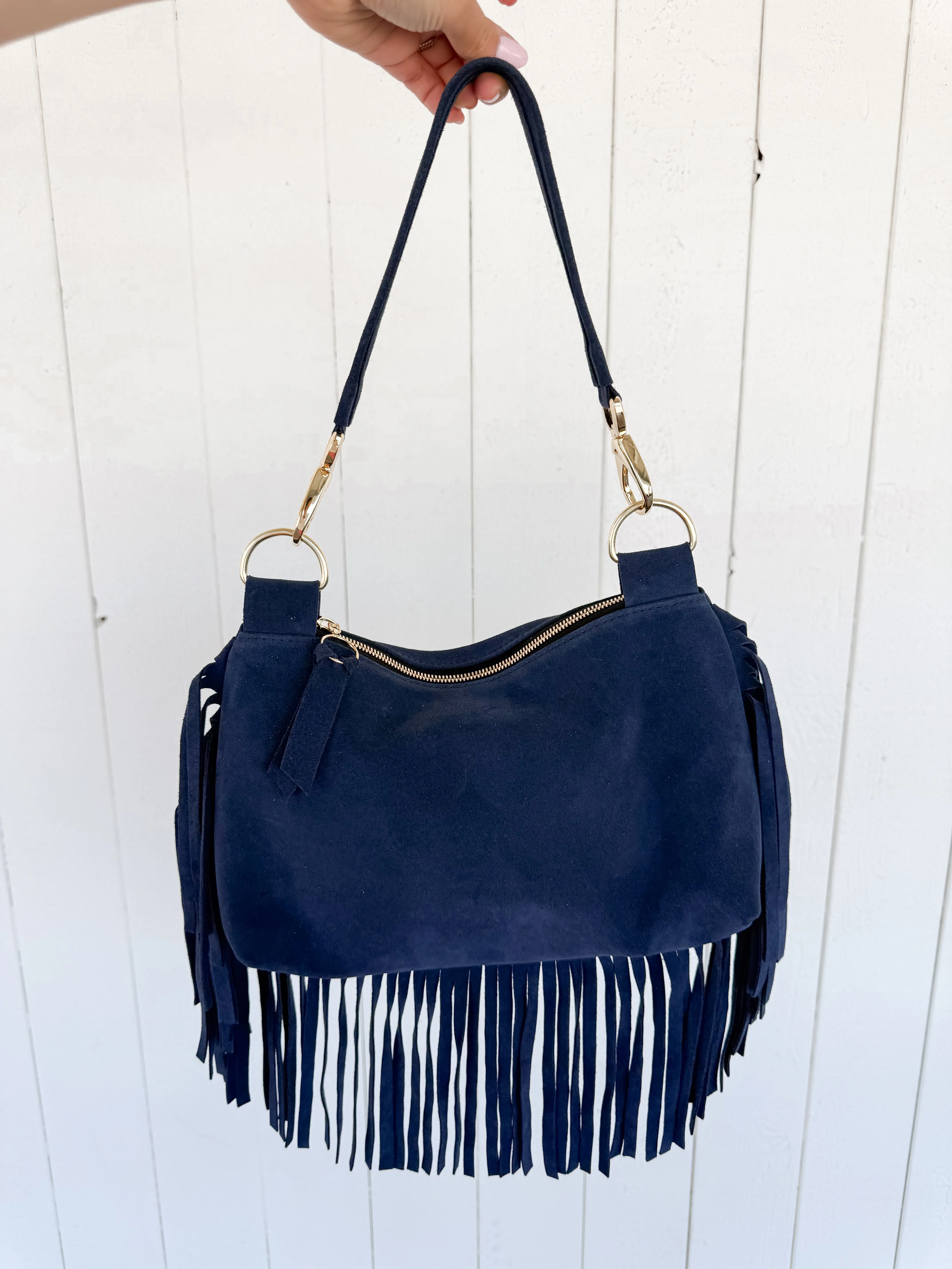 Paula Fringe Bag, Navy/Gold