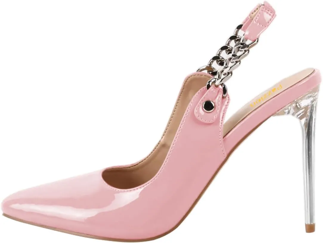 Pazzion Women Pointed Toe High Heel Slingback Pumps Elastic Chain Strap Clear Stiletto Heels Slip On Shoes Daily Outdoor Party Size 4-16 US