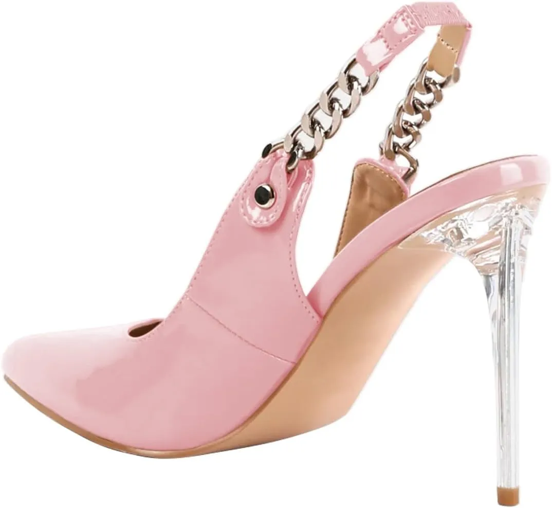 Pazzion Women Pointed Toe High Heel Slingback Pumps Elastic Chain Strap Clear Stiletto Heels Slip On Shoes Daily Outdoor Party Size 4-16 US