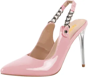 Pazzion Women Pointed Toe High Heel Slingback Pumps Elastic Chain Strap Clear Stiletto Heels Slip On Shoes Daily Outdoor Party Size 4-16 US