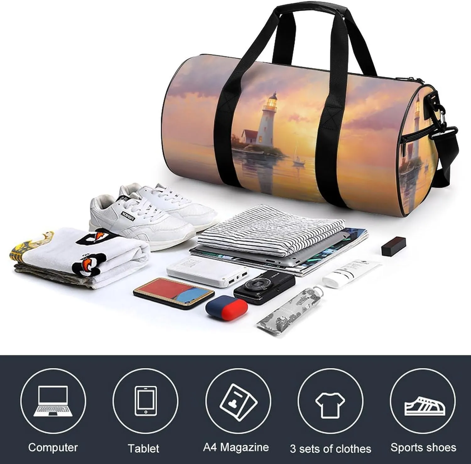 Peaceful Lighthouse Sunset Landscape Travel Gym Bag for Women Men Cylindrical Duffle Bag Sport Workout Bag with Shoulder Strap