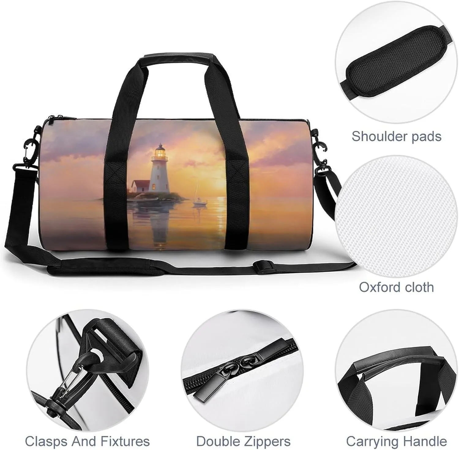 Peaceful Lighthouse Sunset Landscape Travel Gym Bag for Women Men Cylindrical Duffle Bag Sport Workout Bag with Shoulder Strap