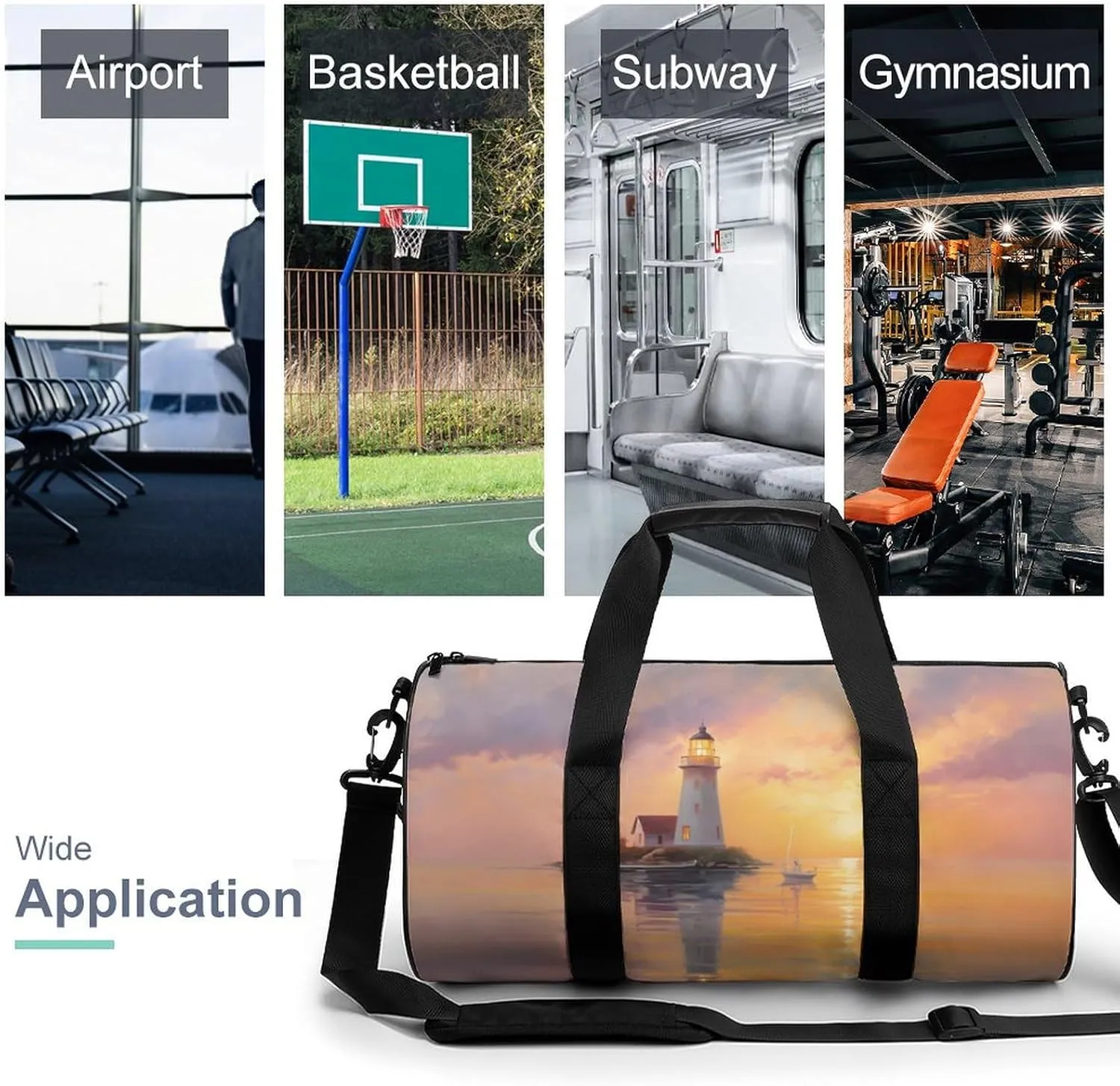 Peaceful Lighthouse Sunset Landscape Travel Gym Bag for Women Men Cylindrical Duffle Bag Sport Workout Bag with Shoulder Strap