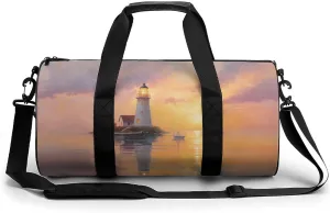Peaceful Lighthouse Sunset Landscape Travel Gym Bag for Women Men Cylindrical Duffle Bag Sport Workout Bag with Shoulder Strap