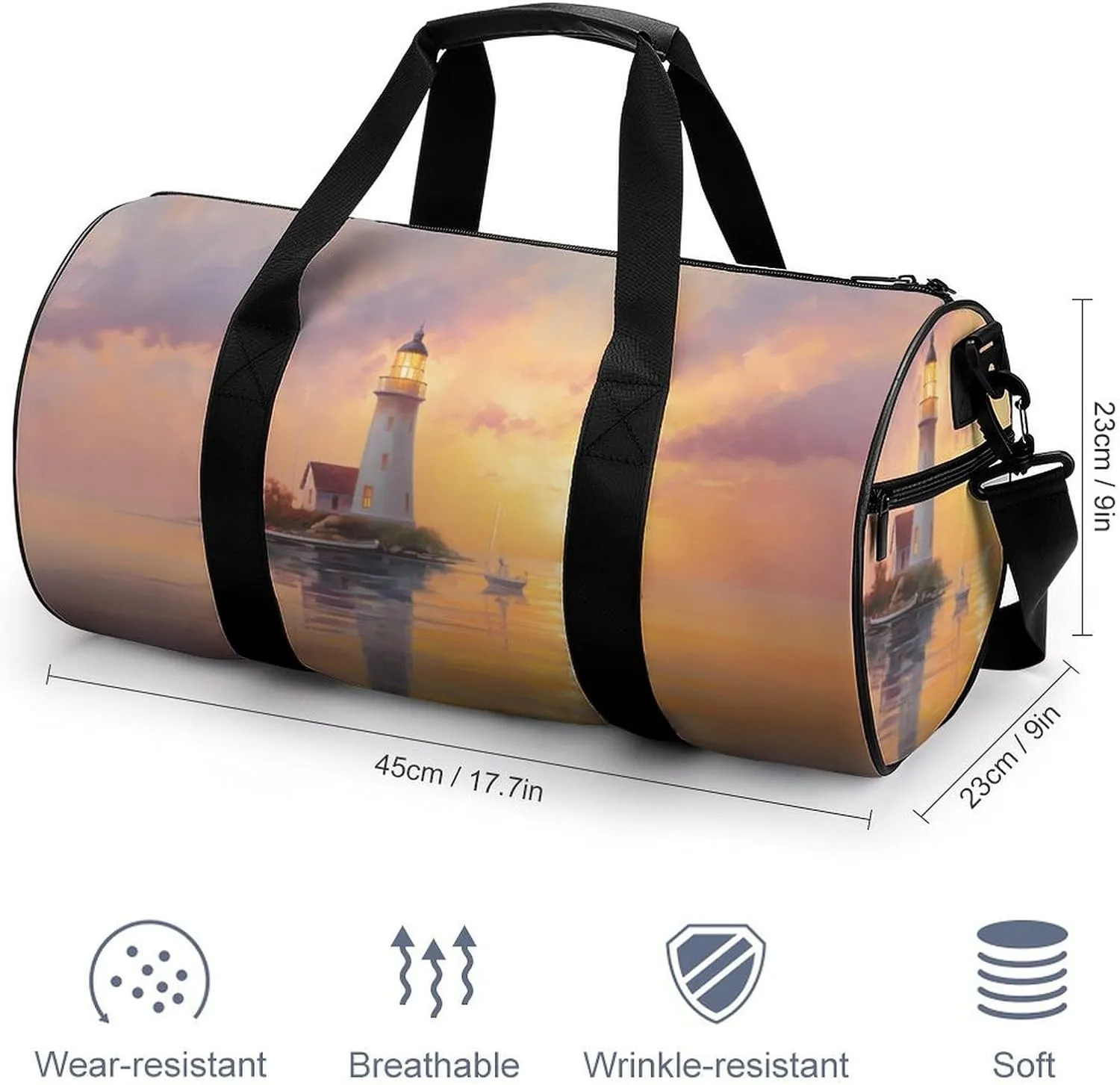 Peaceful Lighthouse Sunset Landscape Travel Gym Bag for Women Men Cylindrical Duffle Bag Sport Workout Bag with Shoulder Strap