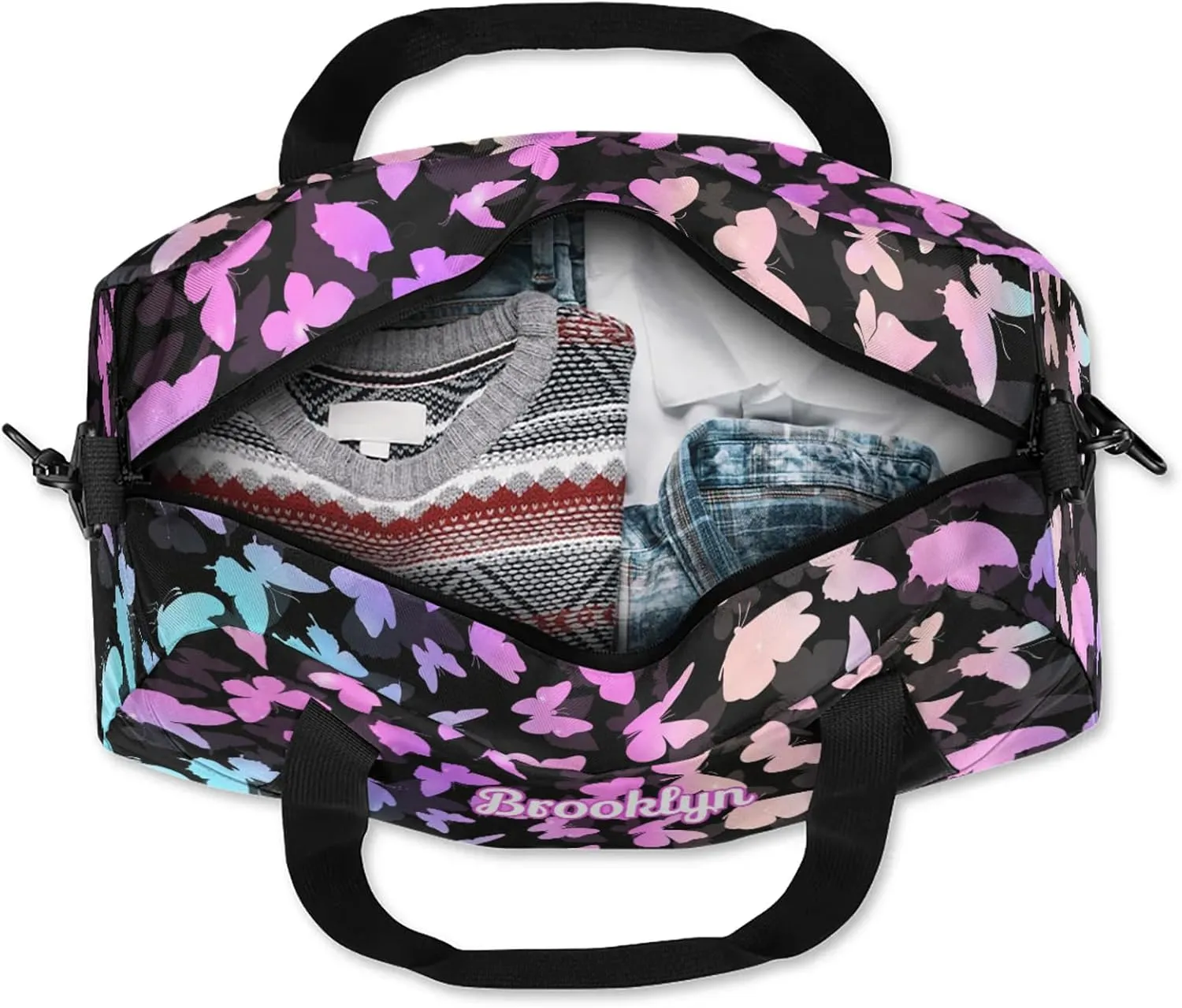 Personalized Butterfly Duffel Bag with Name Custom Travel Sports Bag for Women Men Waterproof Dance Ballet Bag Lightweight 18.5in, Rainbow Sparkly