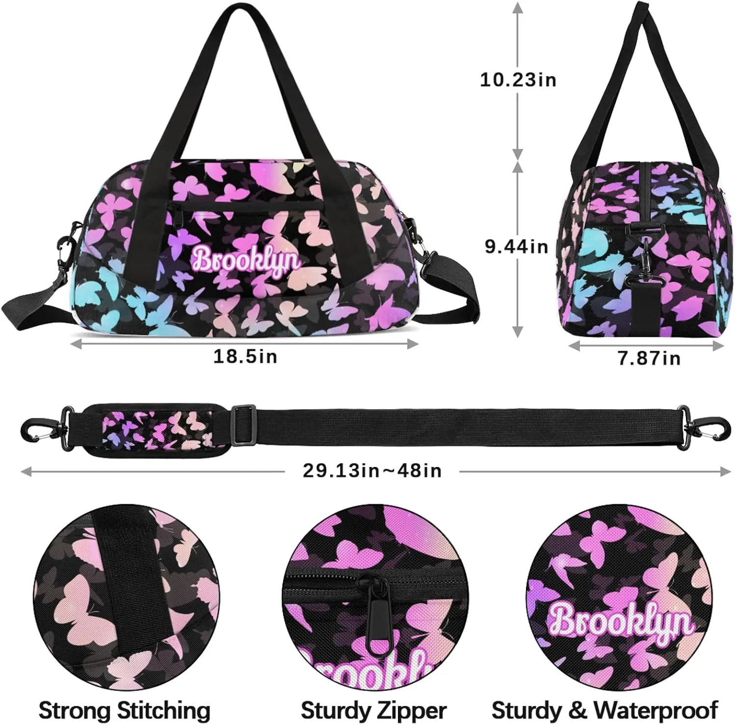 Personalized Butterfly Duffel Bag with Name Custom Travel Sports Bag for Women Men Waterproof Dance Ballet Bag Lightweight 18.5in, Rainbow Sparkly