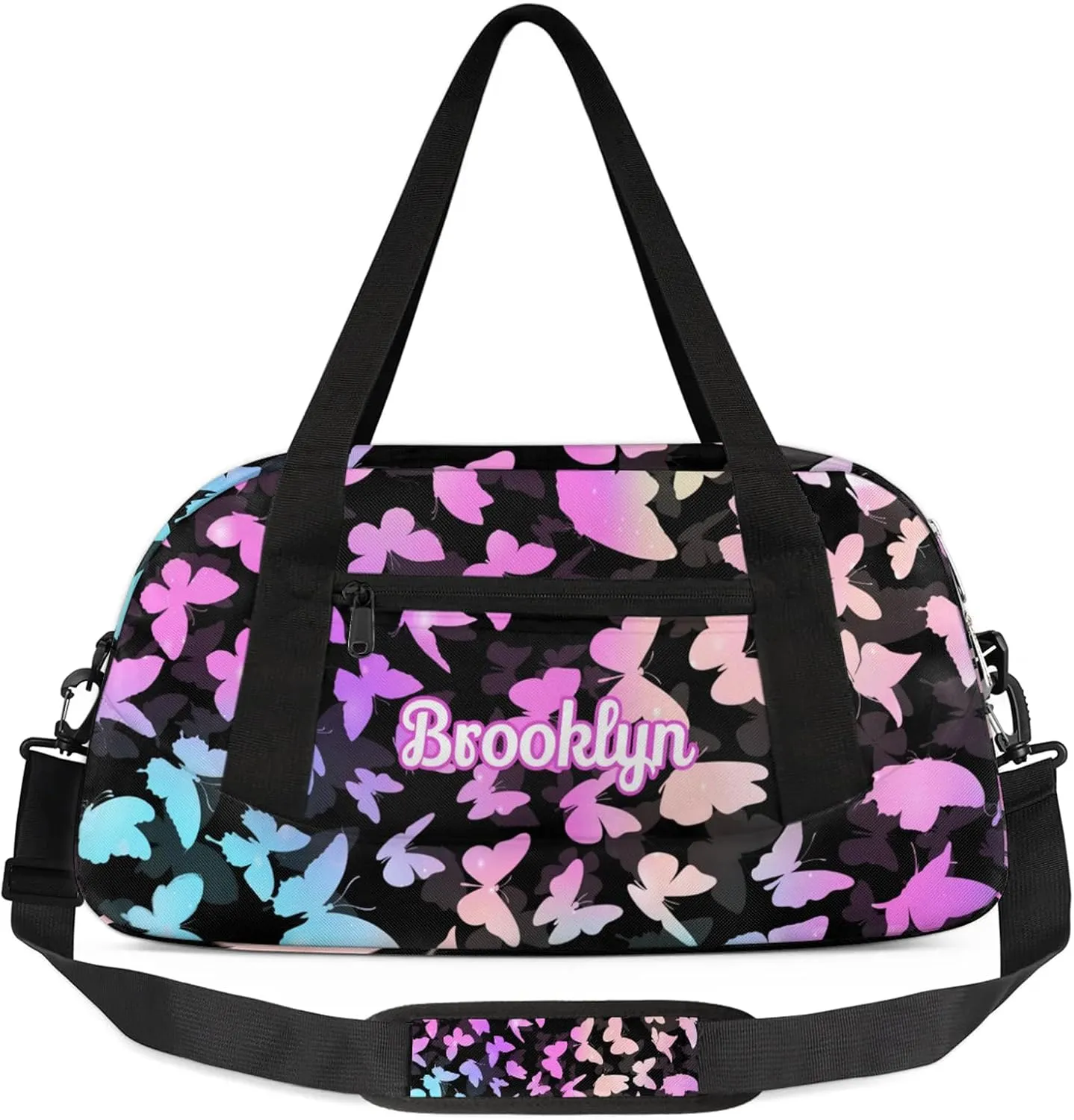 Personalized Butterfly Duffel Bag with Name Custom Travel Sports Bag for Women Men Waterproof Dance Ballet Bag Lightweight 18.5in, Rainbow Sparkly