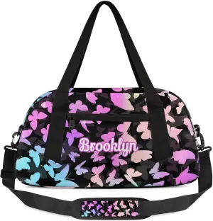 Personalized Butterfly Duffel Bag with Name Custom Travel Sports Bag for Women Men Waterproof Dance Ballet Bag Lightweight 18.5in, Rainbow Sparkly