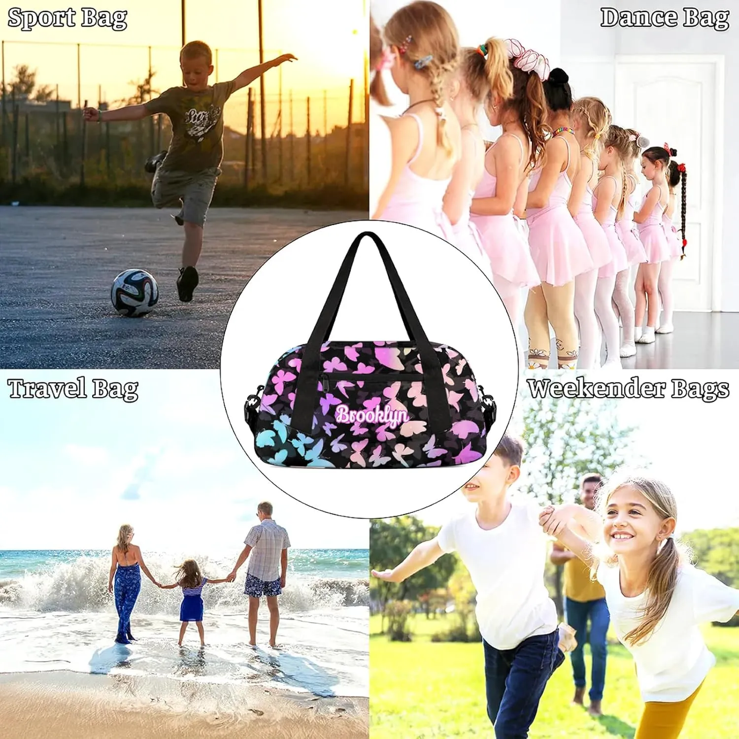 Personalized Butterfly Duffel Bag with Name Custom Travel Sports Bag for Women Men Waterproof Dance Ballet Bag Lightweight 18.5in, Rainbow Sparkly