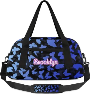 Personalized Butterfly Duffel Bag with Name Custom Travel Sports Bag for Women Men Waterproof Dance Ballet Bag Lightweight 18.5in, White Blue