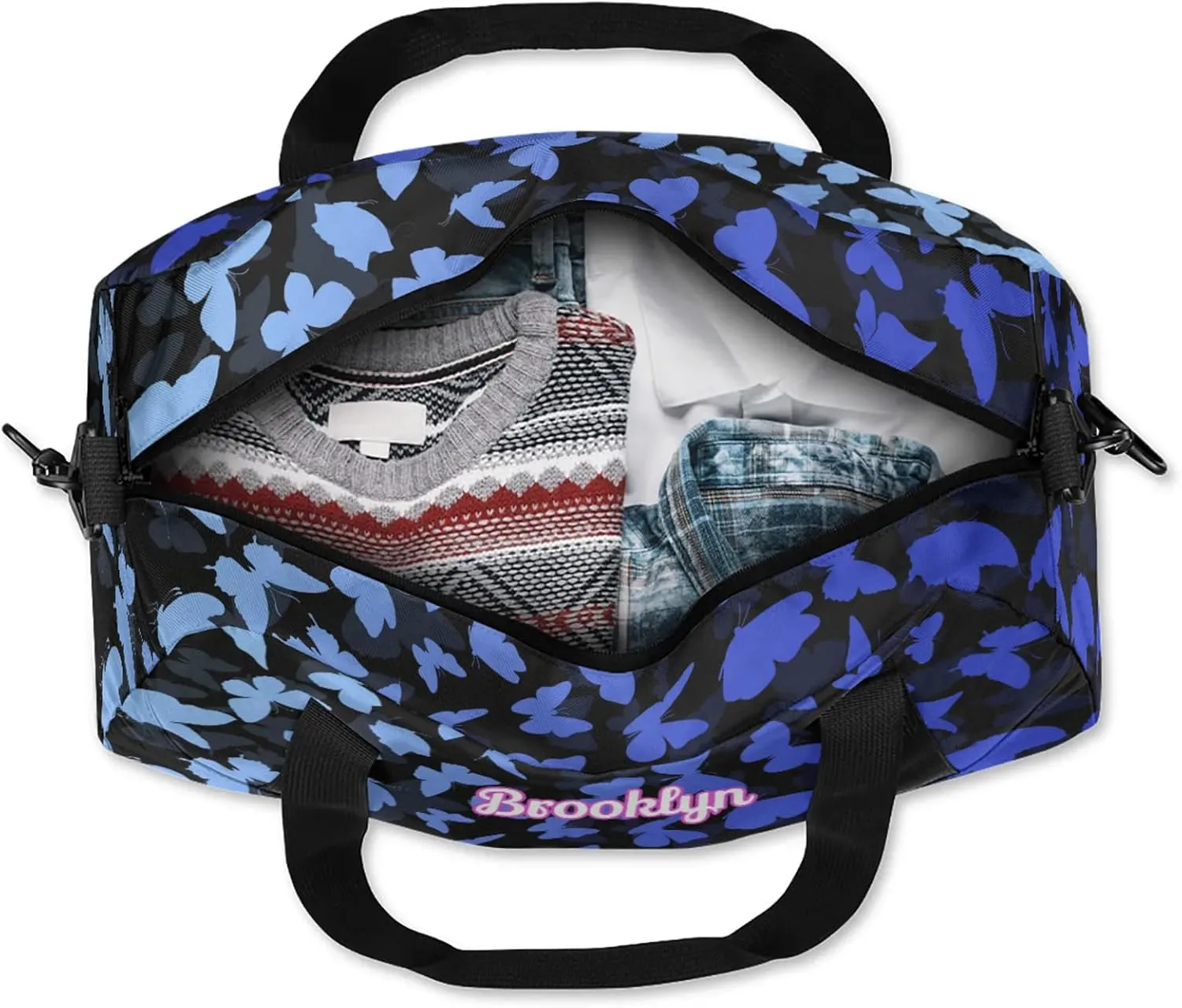 Personalized Butterfly Duffel Bag with Name Custom Travel Sports Bag for Women Men Waterproof Dance Ballet Bag Lightweight 18.5in, White Blue