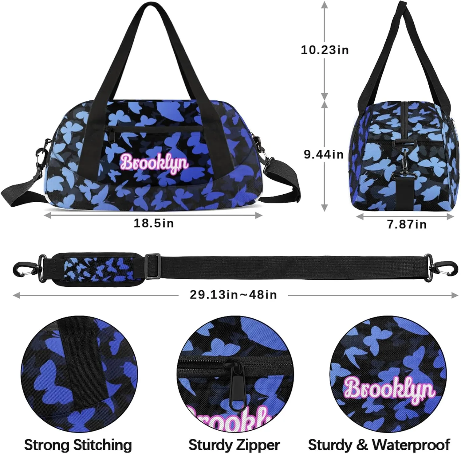 Personalized Butterfly Duffel Bag with Name Custom Travel Sports Bag for Women Men Waterproof Dance Ballet Bag Lightweight 18.5in, White Blue