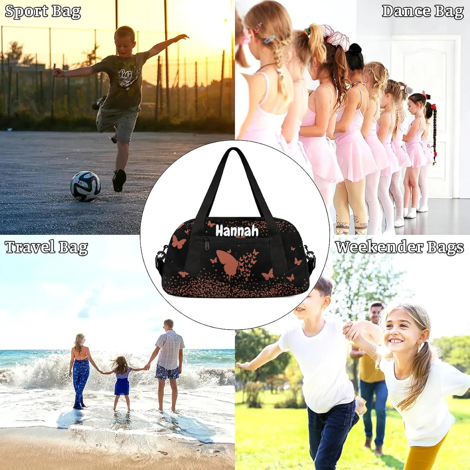 Personalized Duffel Bag with Name Butterfly Custom Travel Sports Bag for Women Men Waterproof Dance Ballet Bag Lightweight 18.5in, Brown