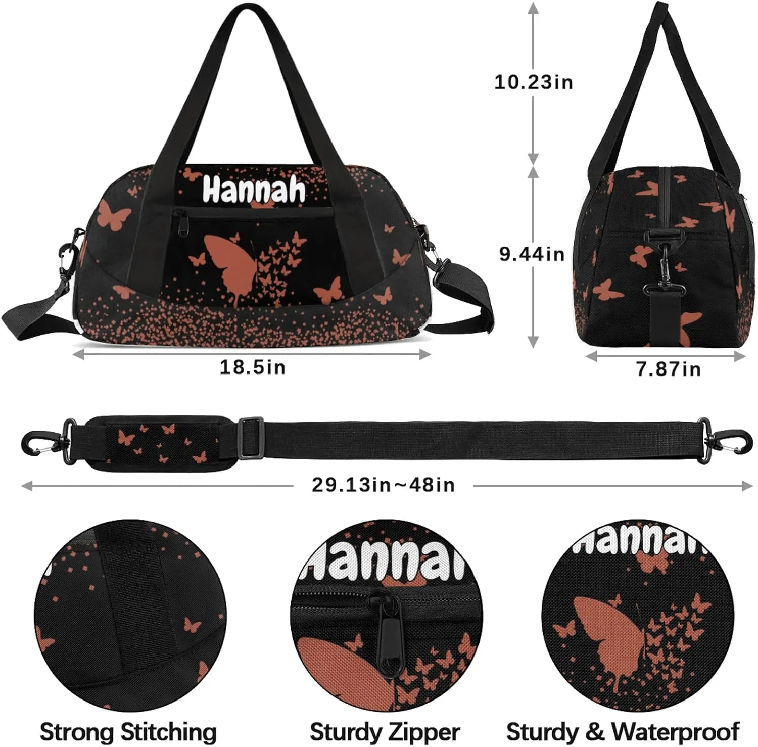 Personalized Duffel Bag with Name Butterfly Custom Travel Sports Bag for Women Men Waterproof Dance Ballet Bag Lightweight 18.5in, Brown