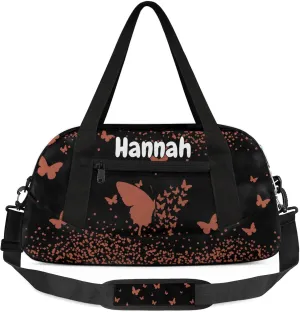 Personalized Duffel Bag with Name Butterfly Custom Travel Sports Bag for Women Men Waterproof Dance Ballet Bag Lightweight 18.5in, Brown