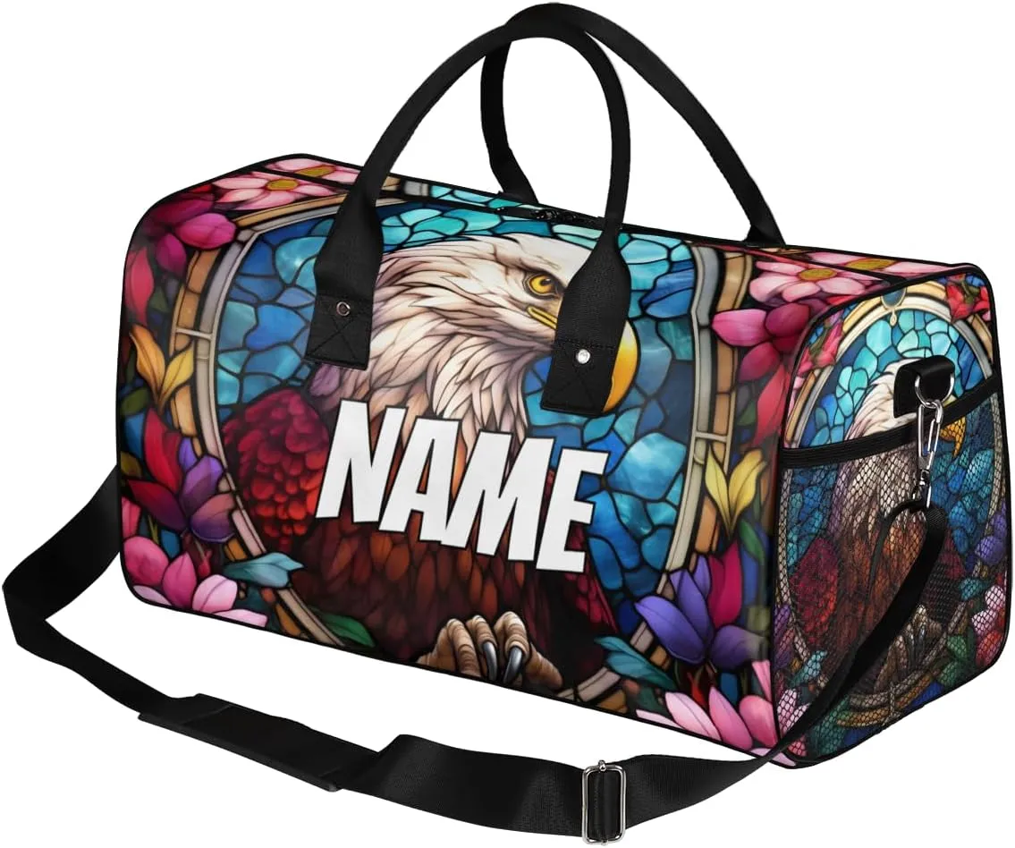 Personalized Eagles Travel Duffel Bag with Name, Custom Gym Sport Bag Retro Flower Carry On Weekend Overnight Duffel Bag for Men Women
