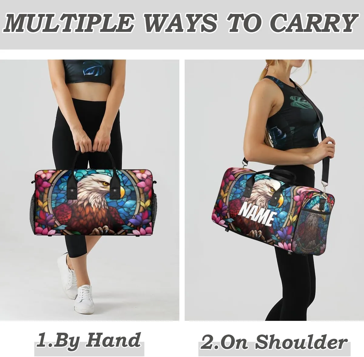 Personalized Eagles Travel Duffel Bag with Name, Custom Gym Sport Bag Retro Flower Carry On Weekend Overnight Duffel Bag for Men Women
