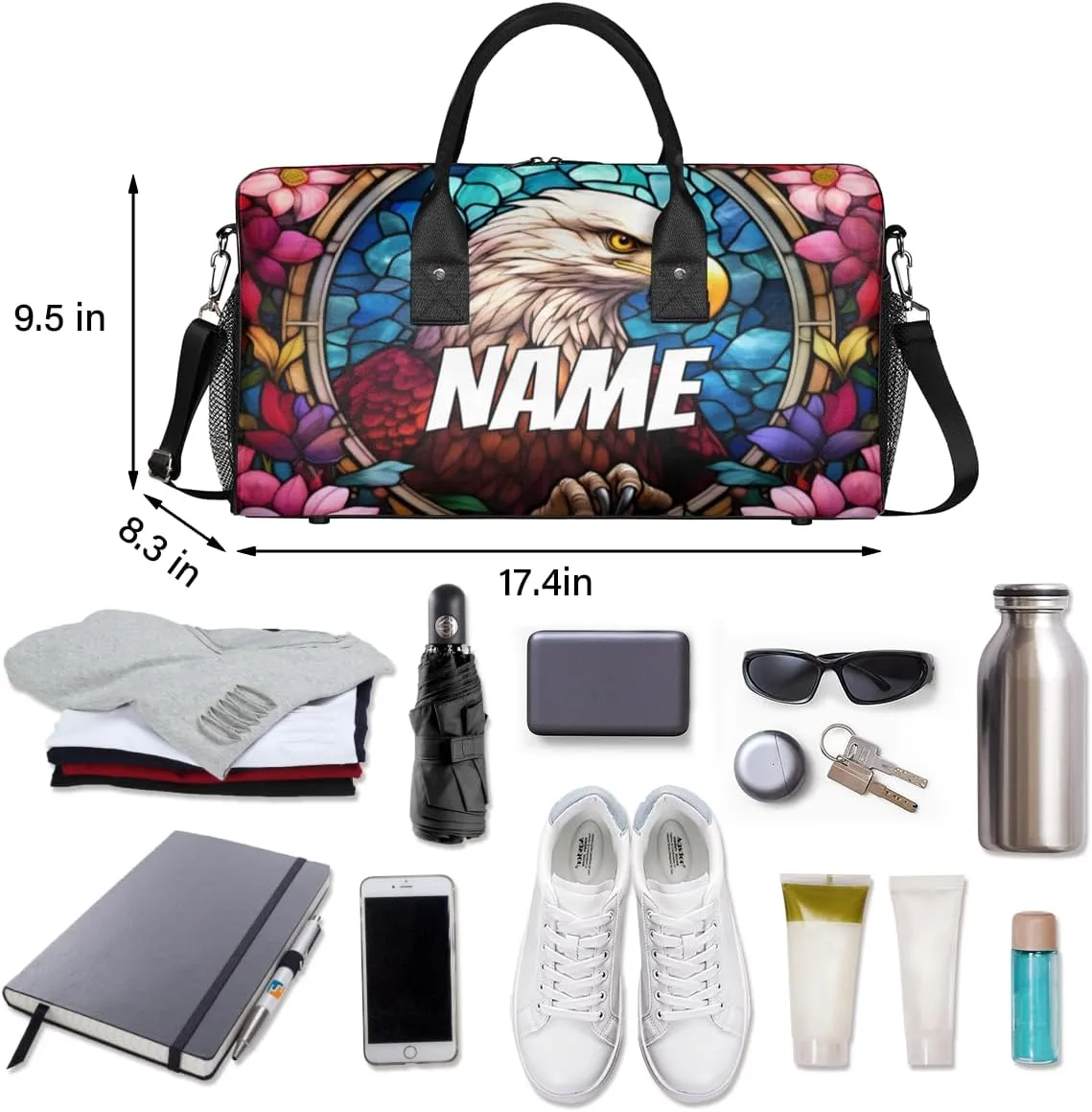 Personalized Eagles Travel Duffel Bag with Name, Custom Gym Sport Bag Retro Flower Carry On Weekend Overnight Duffel Bag for Men Women