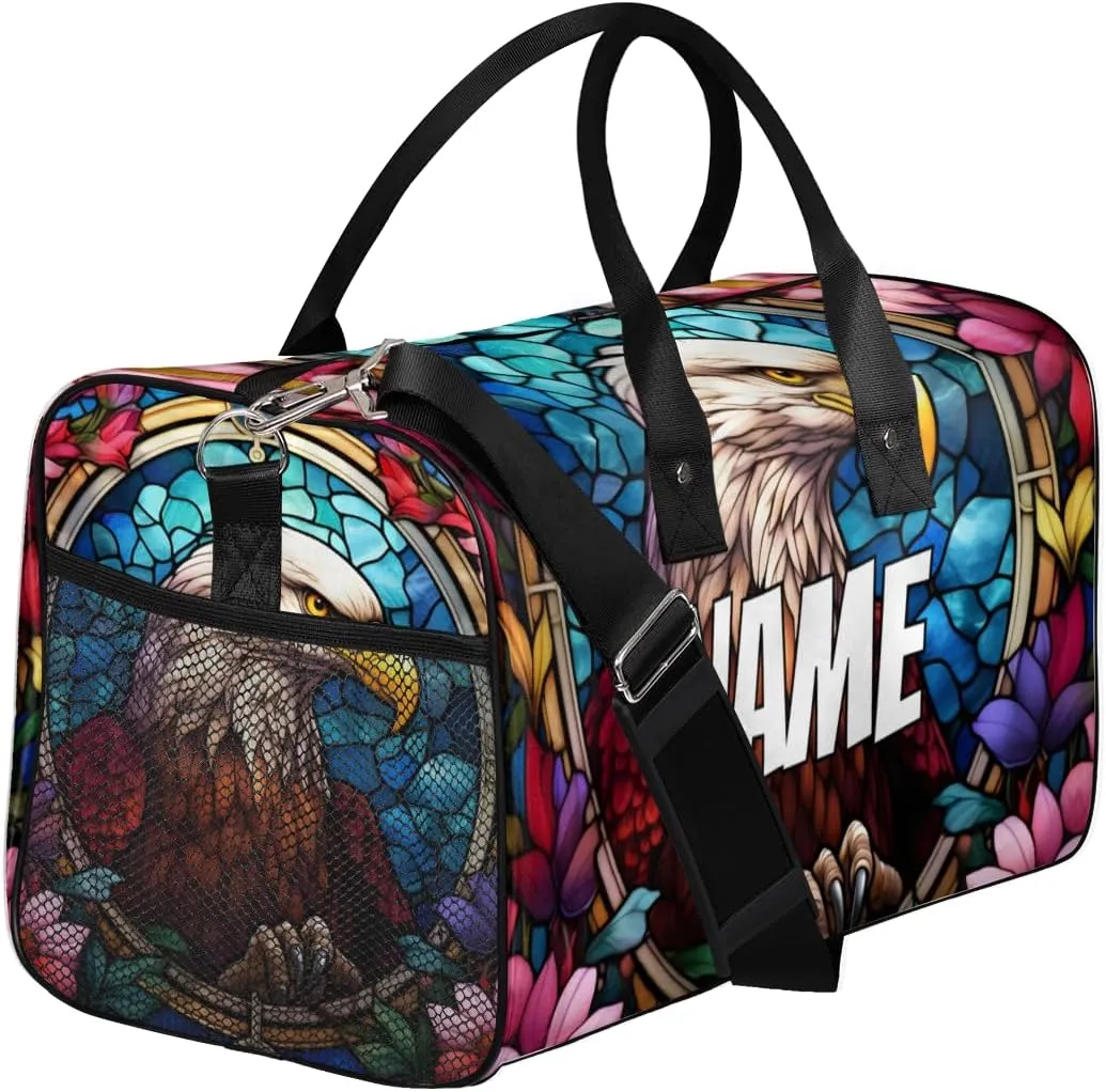 Personalized Eagles Travel Duffel Bag with Name, Custom Gym Sport Bag Retro Flower Carry On Weekend Overnight Duffel Bag for Men Women