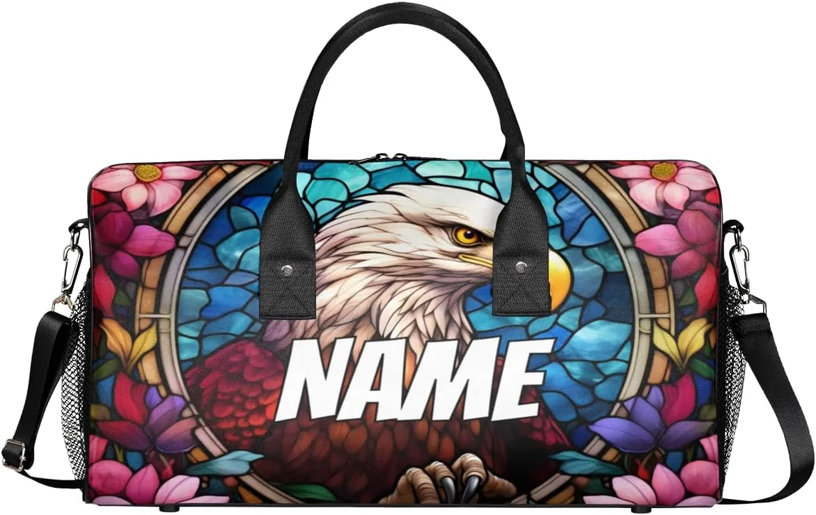 Personalized Eagles Travel Duffel Bag with Name, Custom Gym Sport Bag Retro Flower Carry On Weekend Overnight Duffel Bag for Men Women
