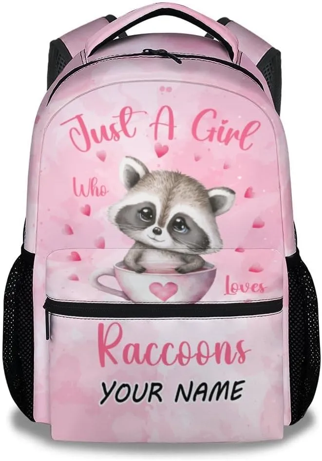 Personalized Girls Backpack - 17 Inch Large Capacity Raccoon Bookbag - Lightweight Pink School Bags for Elementary Middle School - Casual Backpack for Travel