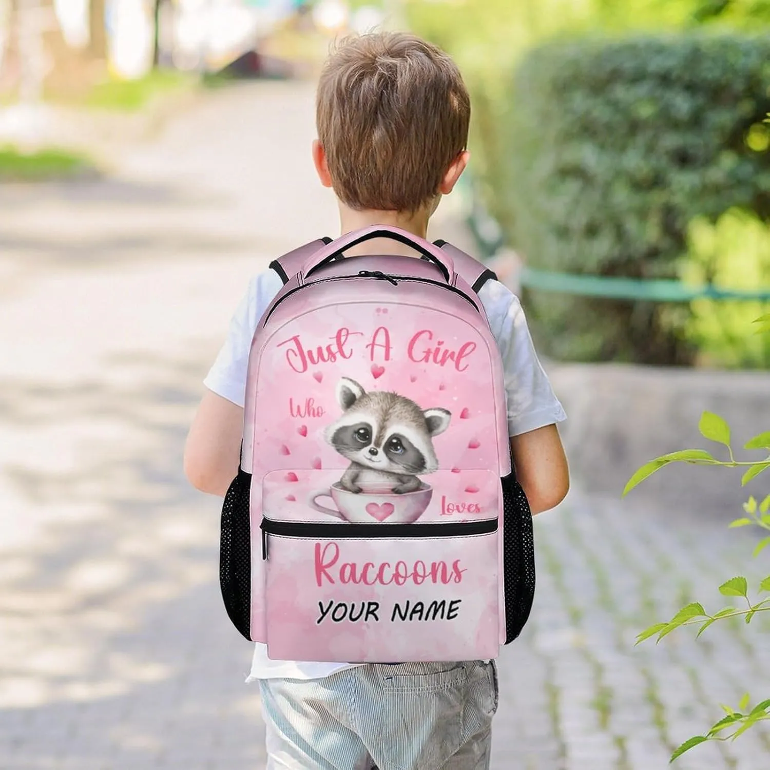 Personalized Girls Backpack - 17 Inch Large Capacity Raccoon Bookbag - Lightweight Pink School Bags for Elementary Middle School - Casual Backpack for Travel