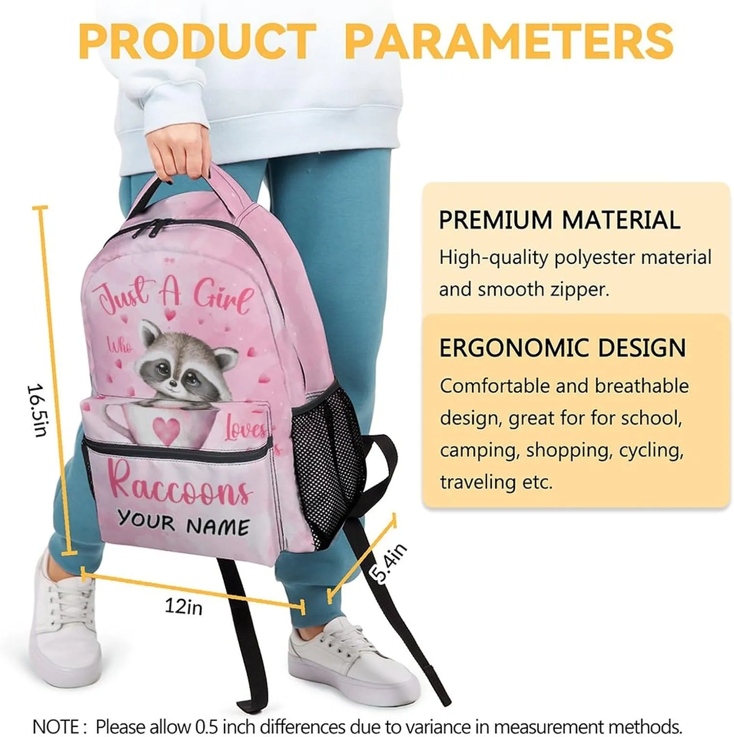 Personalized Girls Backpack - 17 Inch Large Capacity Raccoon Bookbag - Lightweight Pink School Bags for Elementary Middle School - Casual Backpack for Travel