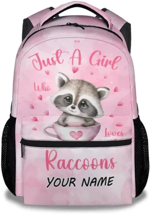 Personalized Girls Backpack - 17 Inch Large Capacity Raccoon Bookbag - Lightweight Pink School Bags for Elementary Middle School - Casual Backpack for Travel