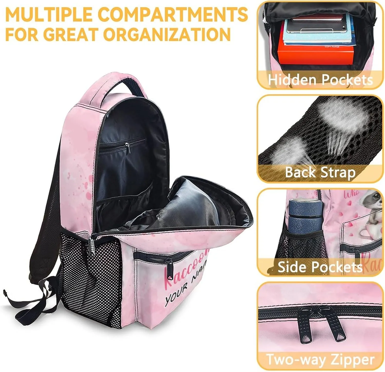 Personalized Girls Backpack - 17 Inch Large Capacity Raccoon Bookbag - Lightweight Pink School Bags for Elementary Middle School - Casual Backpack for Travel