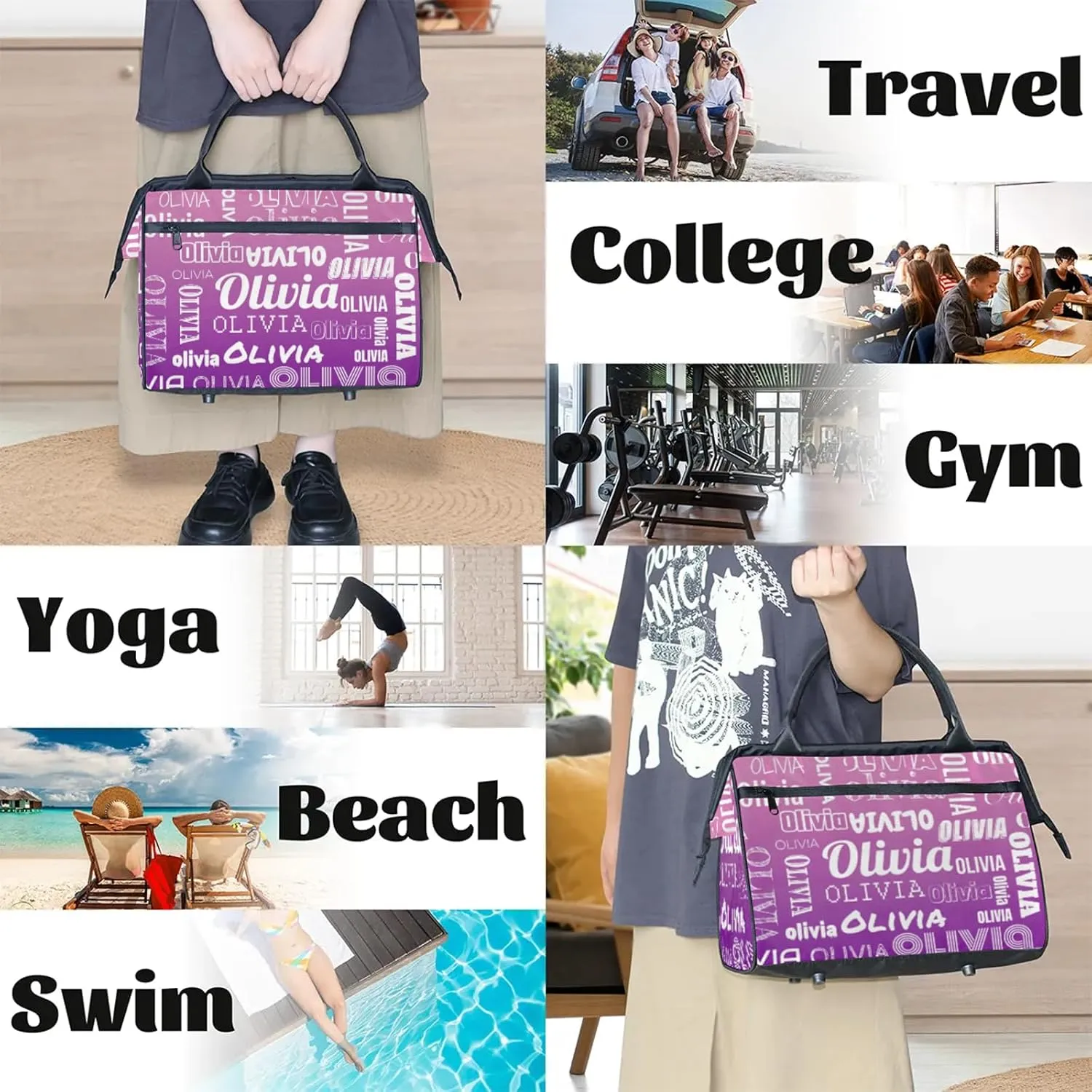 Personalized Gym Duffel Bag with Name Custom Travel Sports Bag for Women Men Waterproof Dance Ballet Bag Lightweight 15.2in, Pink Purple