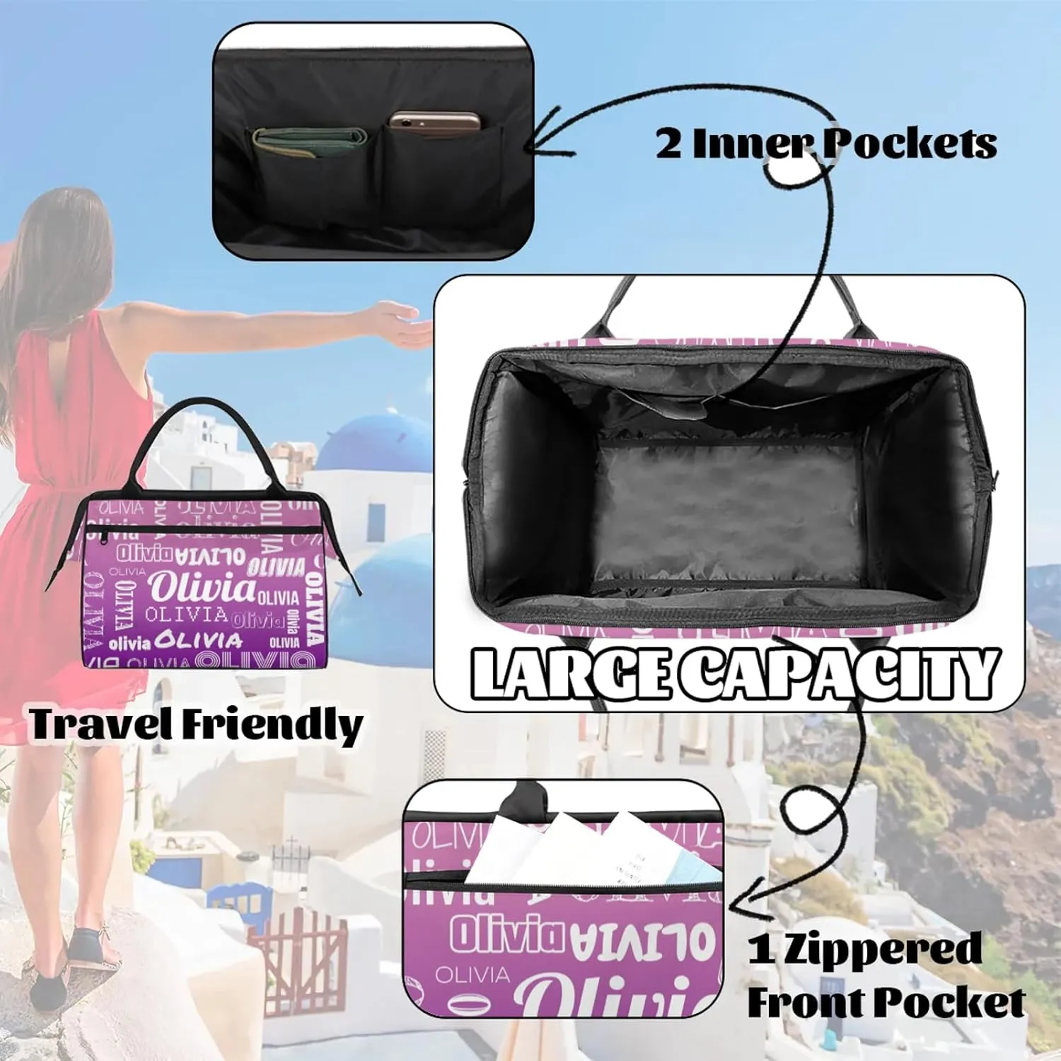 Personalized Gym Duffel Bag with Name Custom Travel Sports Bag for Women Men Waterproof Dance Ballet Bag Lightweight 15.2in, Pink Purple