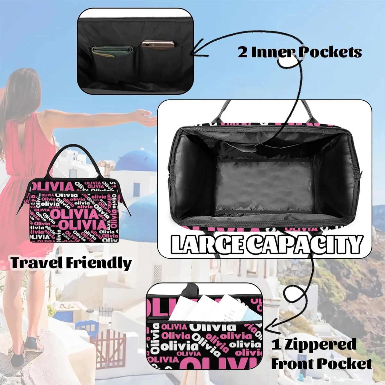 Personalized Gym Sport Duffel Bag with Name Custom Travel Overnight Bag Waterproof Customized Dance Bag Carry-On Tote 15.2in, Black Pink