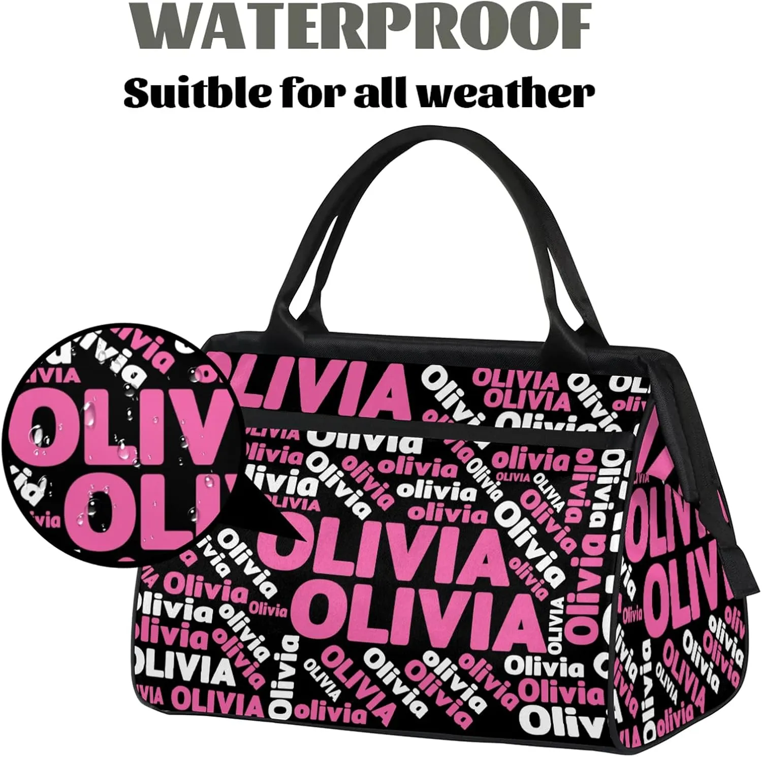 Personalized Gym Sport Duffel Bag with Name Custom Travel Overnight Bag Waterproof Customized Dance Bag Carry-On Tote 15.2in, Black Pink