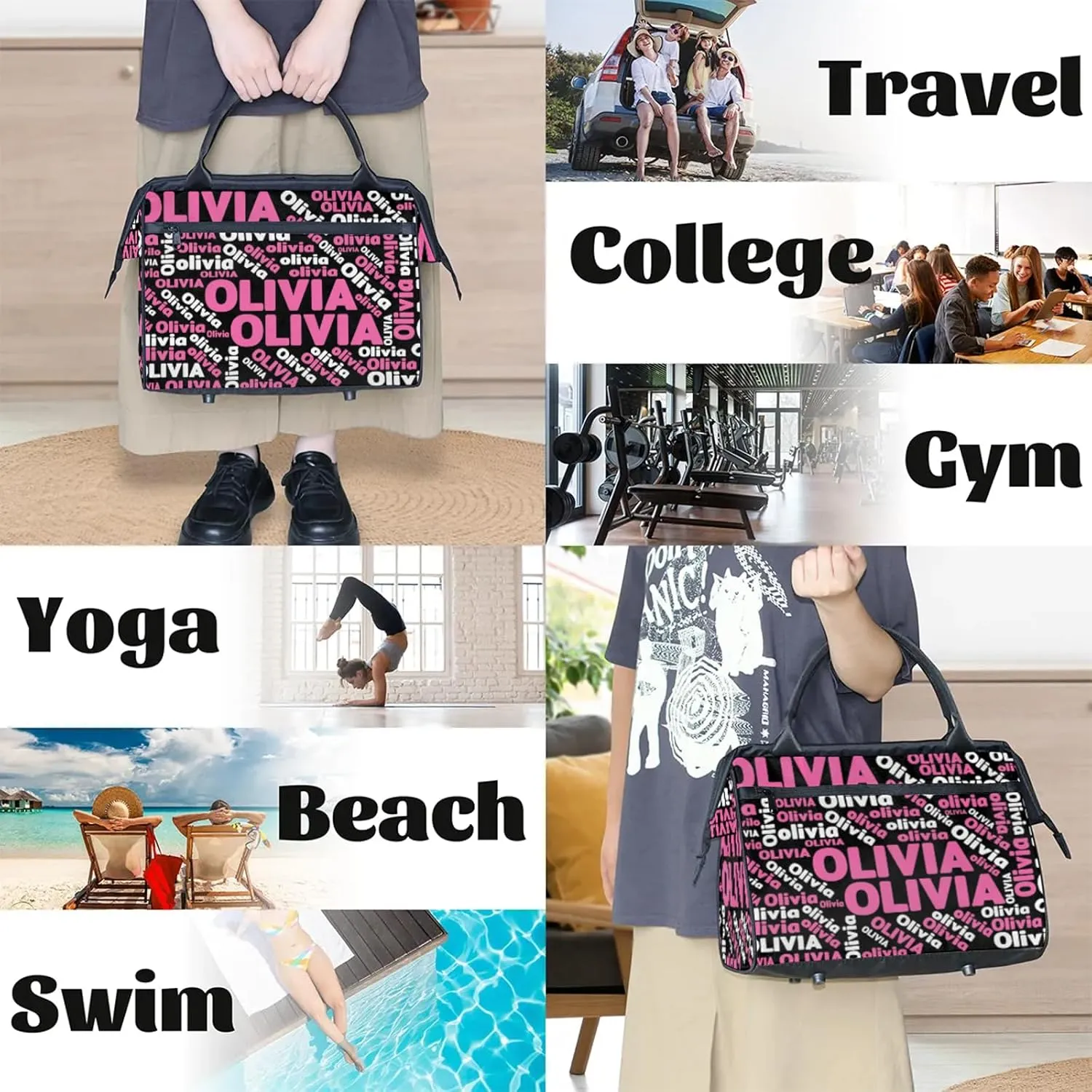Personalized Gym Sport Duffel Bag with Name Custom Travel Overnight Bag Waterproof Customized Dance Bag Carry-On Tote 15.2in, Black Pink