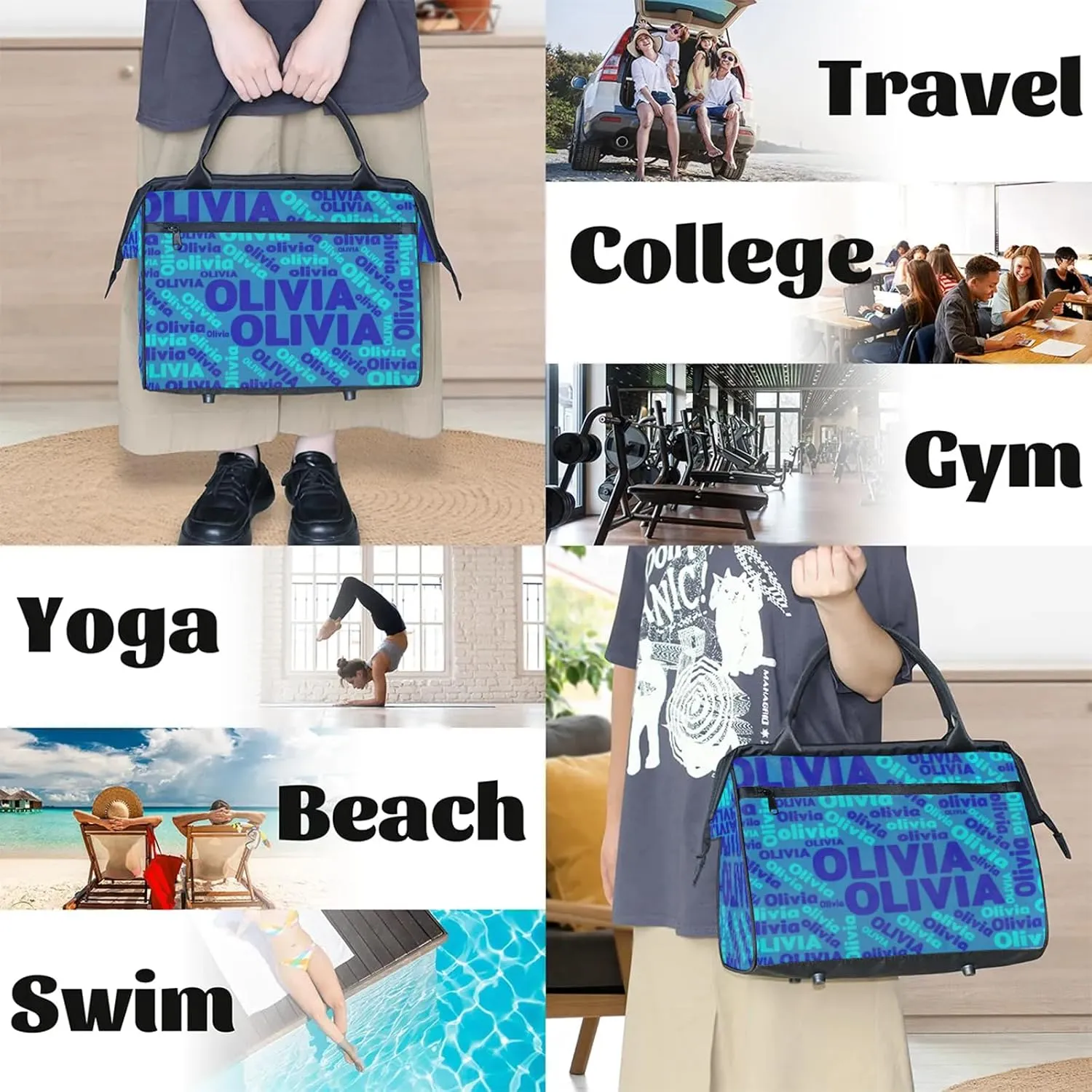 Personalized Gym Sport Duffel Bag with Name Custom Travel Overnight Bag Waterproof Customized Dance Bag Carry-On Tote 15.2in, Blue