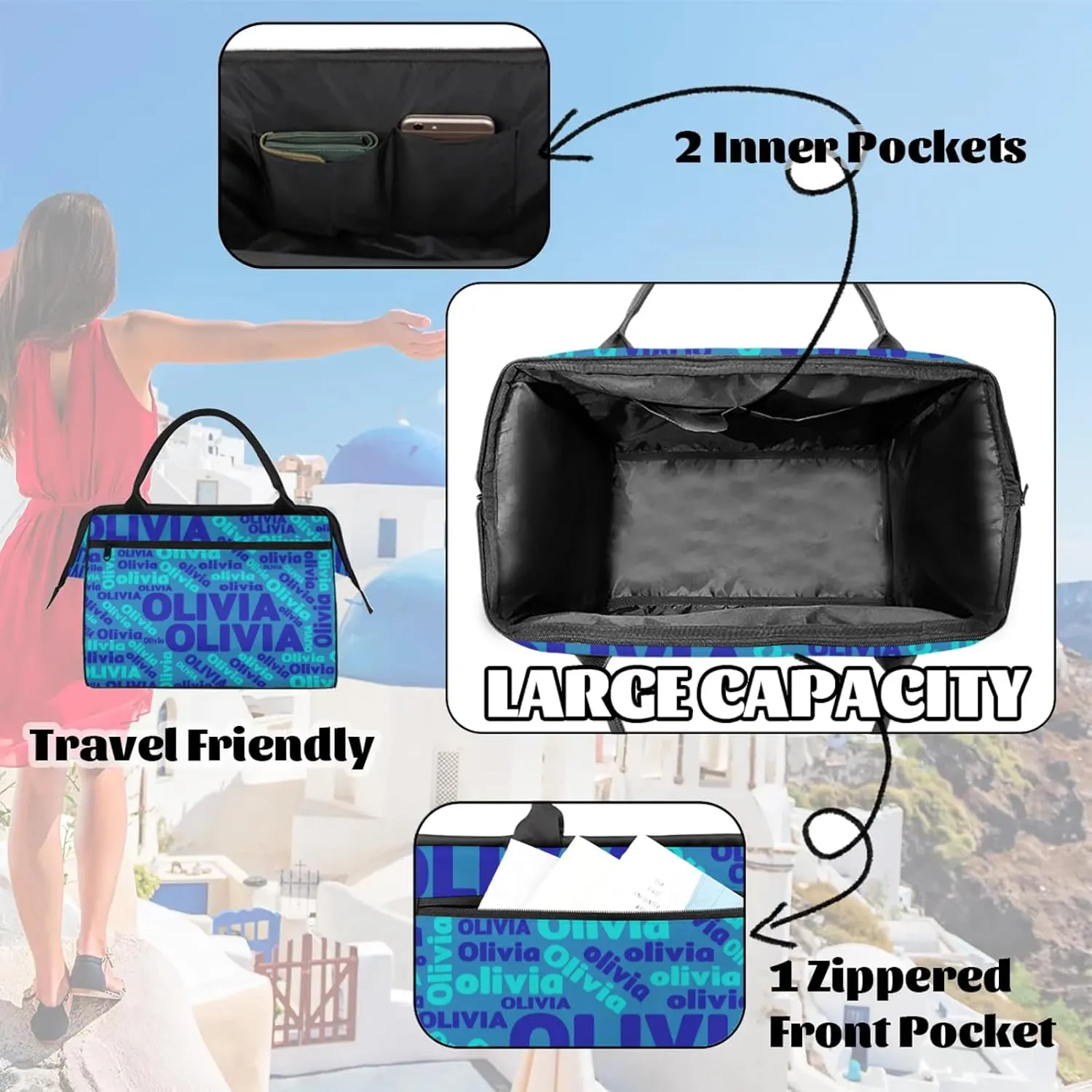 Personalized Gym Sport Duffel Bag with Name Custom Travel Overnight Bag Waterproof Customized Dance Bag Carry-On Tote 15.2in, Blue