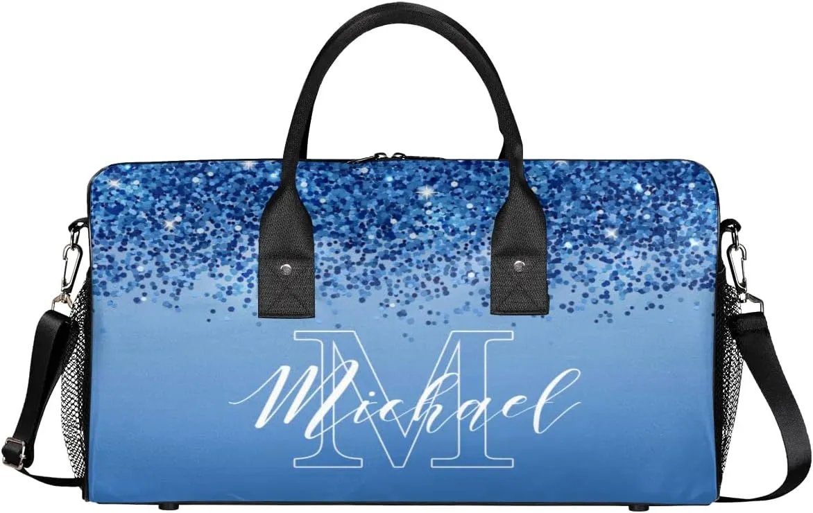 Personalized Initial Travel Duffel Bag with Name, Custom Gym Bag Sport Bag Weekender Overnight Bag for Women Men, Blue Glitter