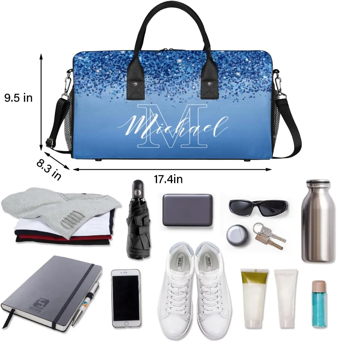 Personalized Initial Travel Duffel Bag with Name, Custom Gym Bag Sport Bag Weekender Overnight Bag for Women Men, Blue Glitter