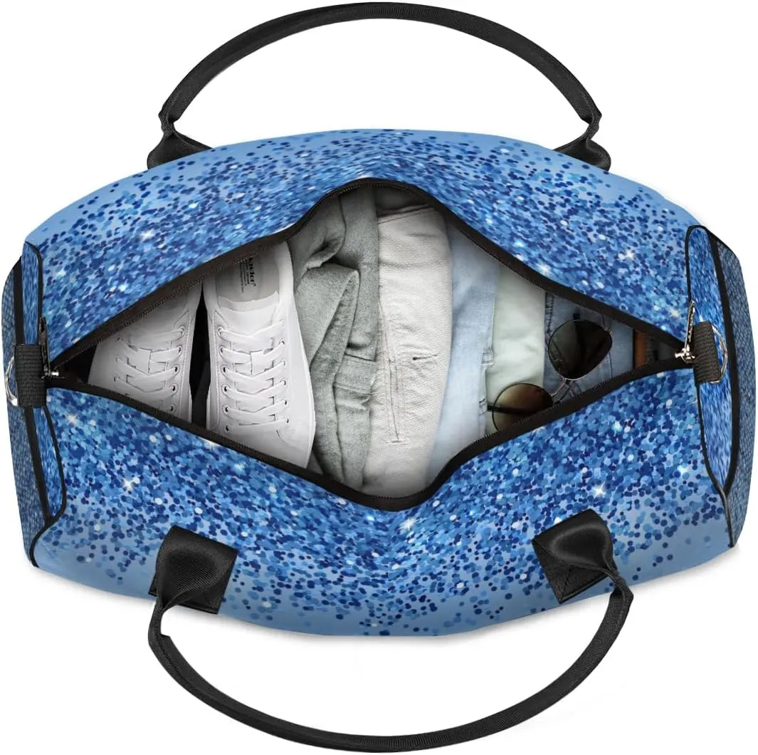 Personalized Initial Travel Duffel Bag with Name, Custom Gym Bag Sport Bag Weekender Overnight Bag for Women Men, Blue Glitter