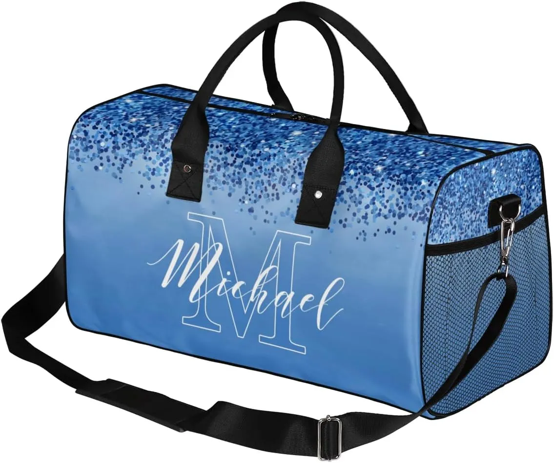 Personalized Initial Travel Duffel Bag with Name, Custom Gym Bag Sport Bag Weekender Overnight Bag for Women Men, Blue Glitter