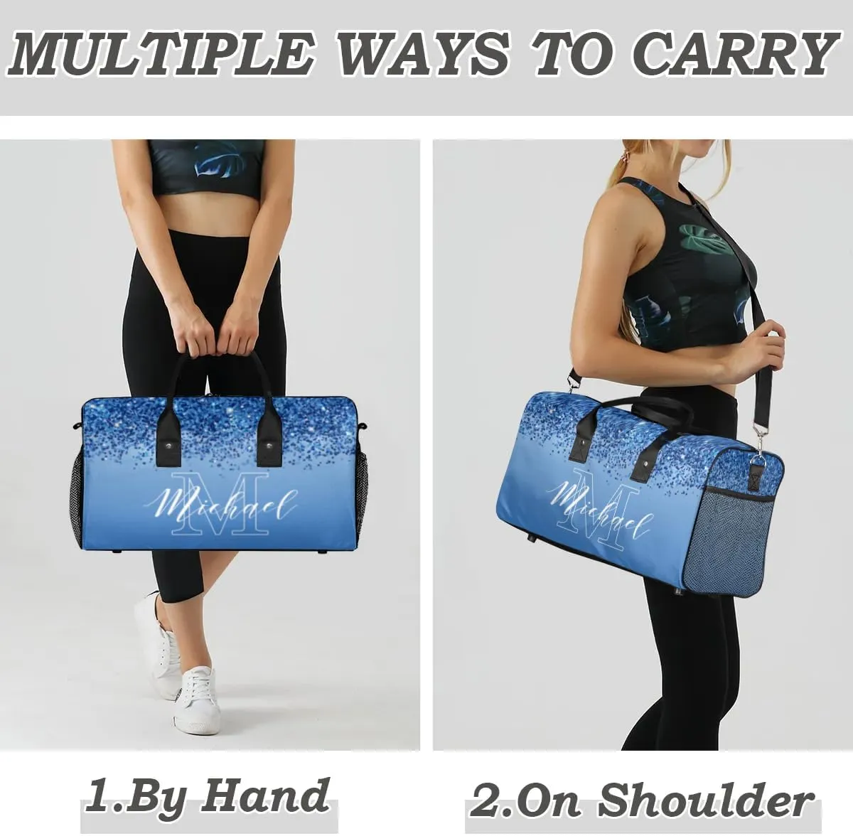 Personalized Initial Travel Duffel Bag with Name, Custom Gym Bag Sport Bag Weekender Overnight Bag for Women Men, Blue Glitter