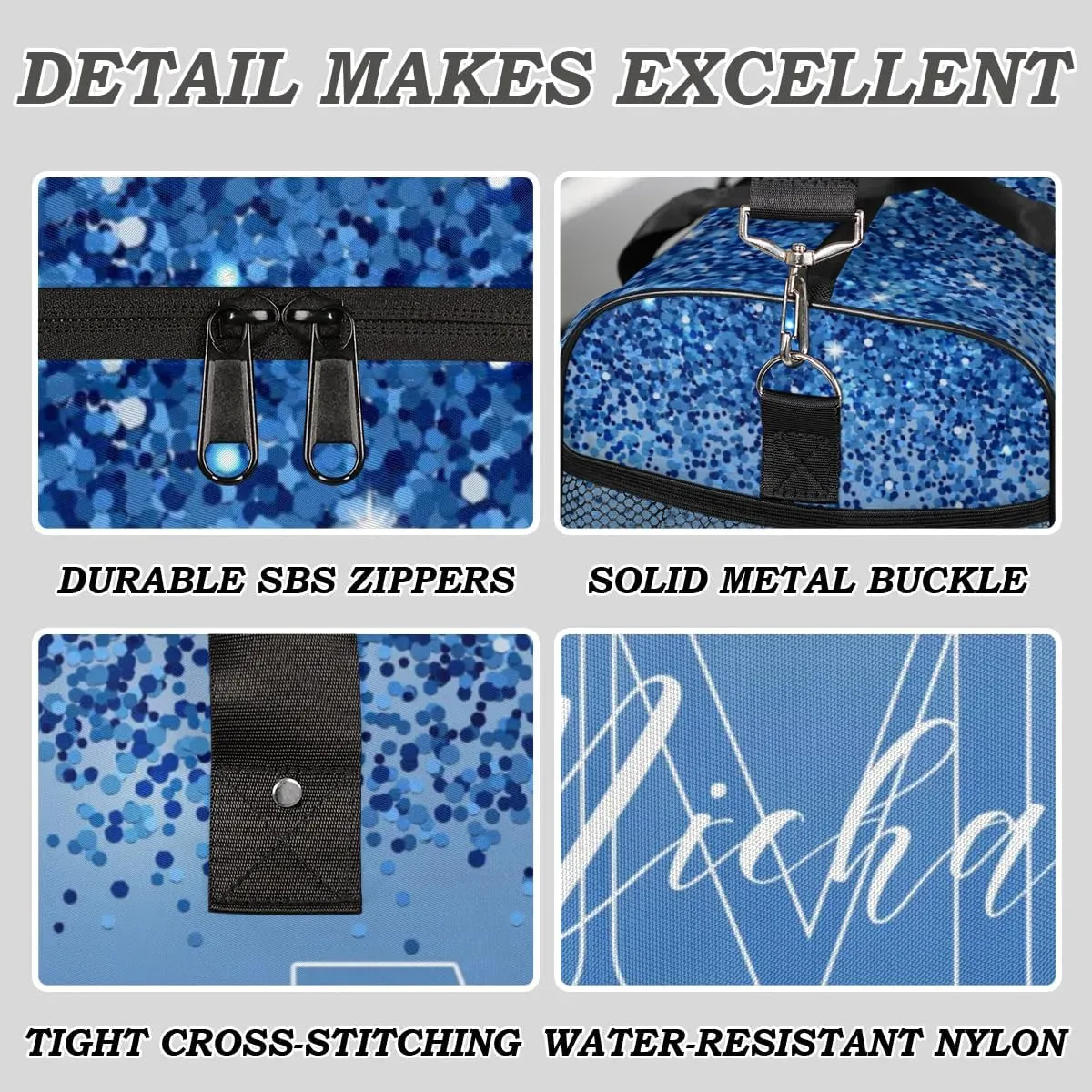 Personalized Initial Travel Duffel Bag with Name, Custom Gym Bag Sport Bag Weekender Overnight Bag for Women Men, Blue Glitter