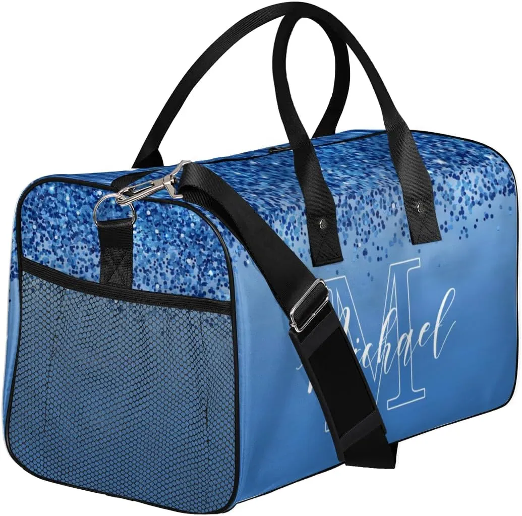 Personalized Initial Travel Duffel Bag with Name, Custom Gym Bag Sport Bag Weekender Overnight Bag for Women Men, Blue Glitter