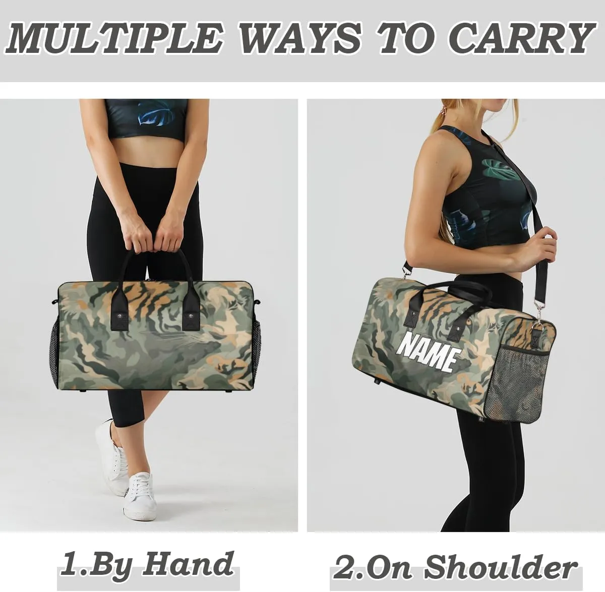 Personalized Tiger Camouflage Travel Duffel Bag with Name, Custom Gym Sport Bag Green Jungle Carry On Weekend Overnight Duffel Bag for Men Women