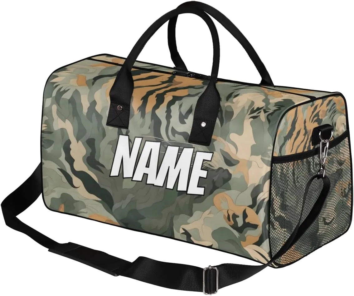 Personalized Tiger Camouflage Travel Duffel Bag with Name, Custom Gym Sport Bag Green Jungle Carry On Weekend Overnight Duffel Bag for Men Women