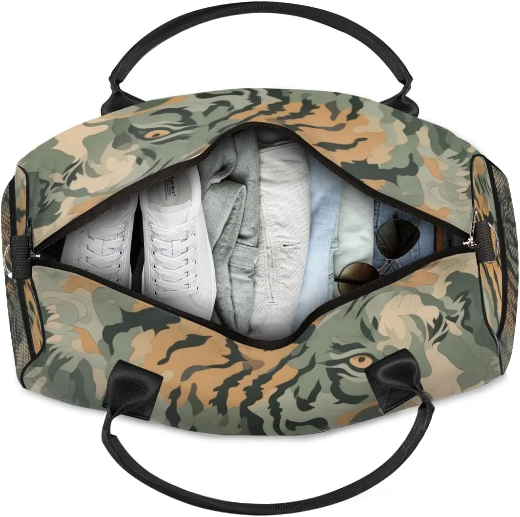 Personalized Tiger Camouflage Travel Duffel Bag with Name, Custom Gym Sport Bag Green Jungle Carry On Weekend Overnight Duffel Bag for Men Women