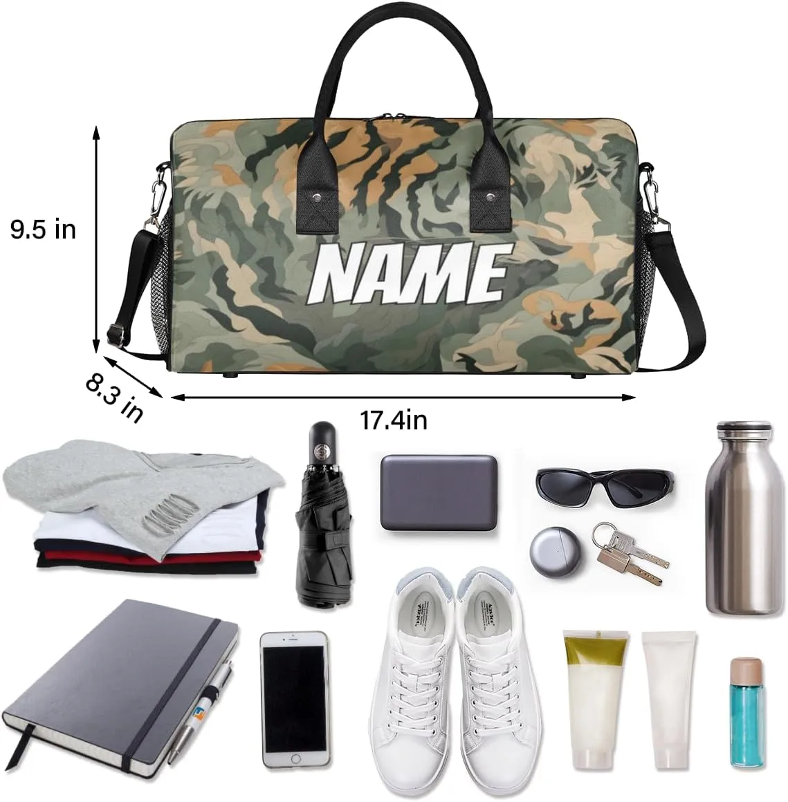 Personalized Tiger Camouflage Travel Duffel Bag with Name, Custom Gym Sport Bag Green Jungle Carry On Weekend Overnight Duffel Bag for Men Women