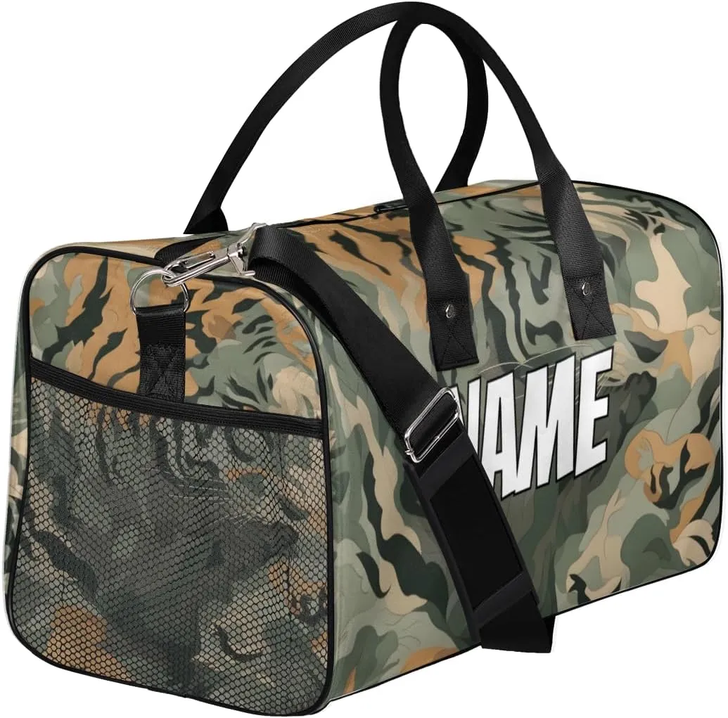 Personalized Tiger Camouflage Travel Duffel Bag with Name, Custom Gym Sport Bag Green Jungle Carry On Weekend Overnight Duffel Bag for Men Women